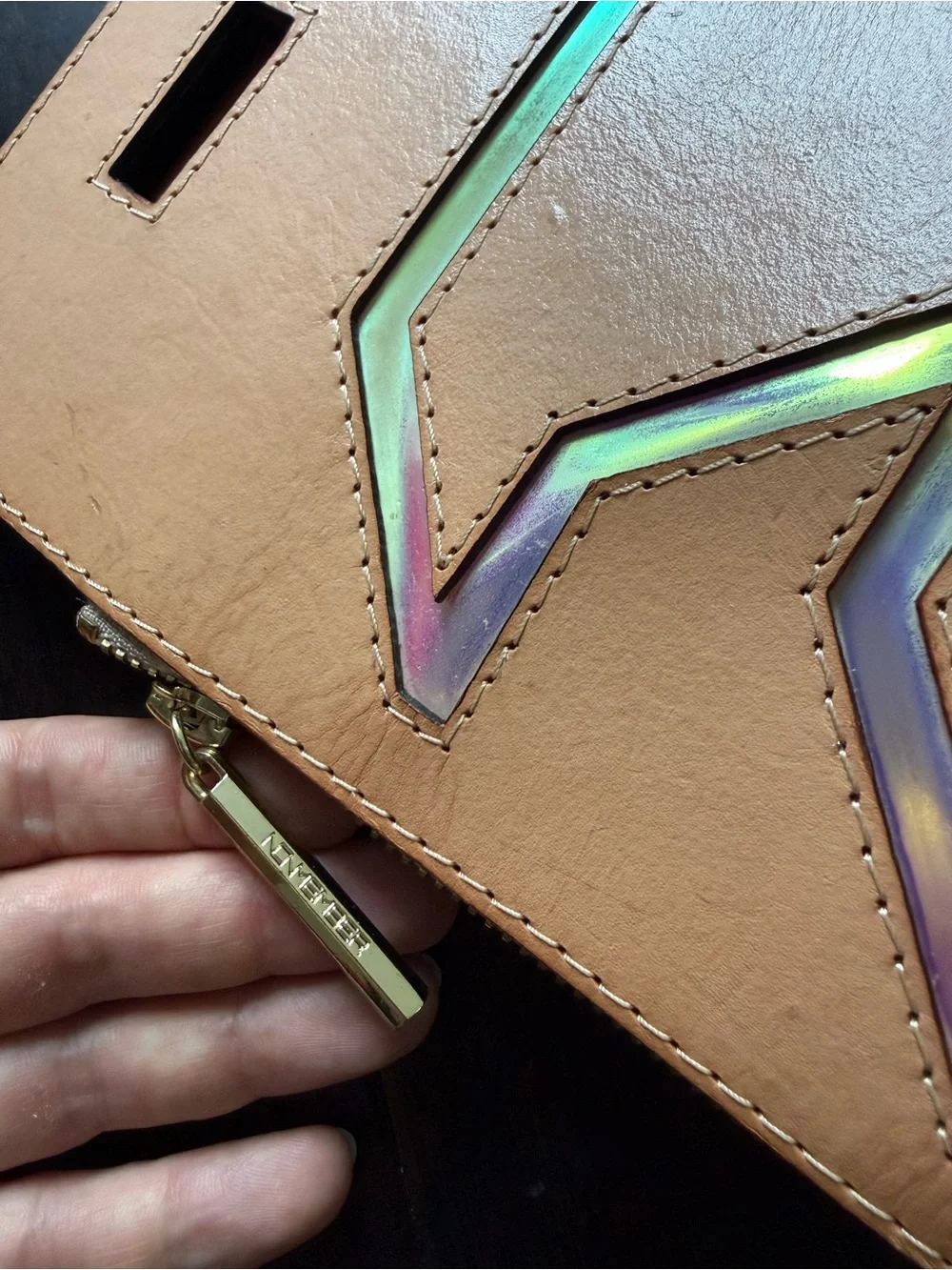 NONMember Nude/Iridescent Geometric Accent Clutch. Genuine Leather
